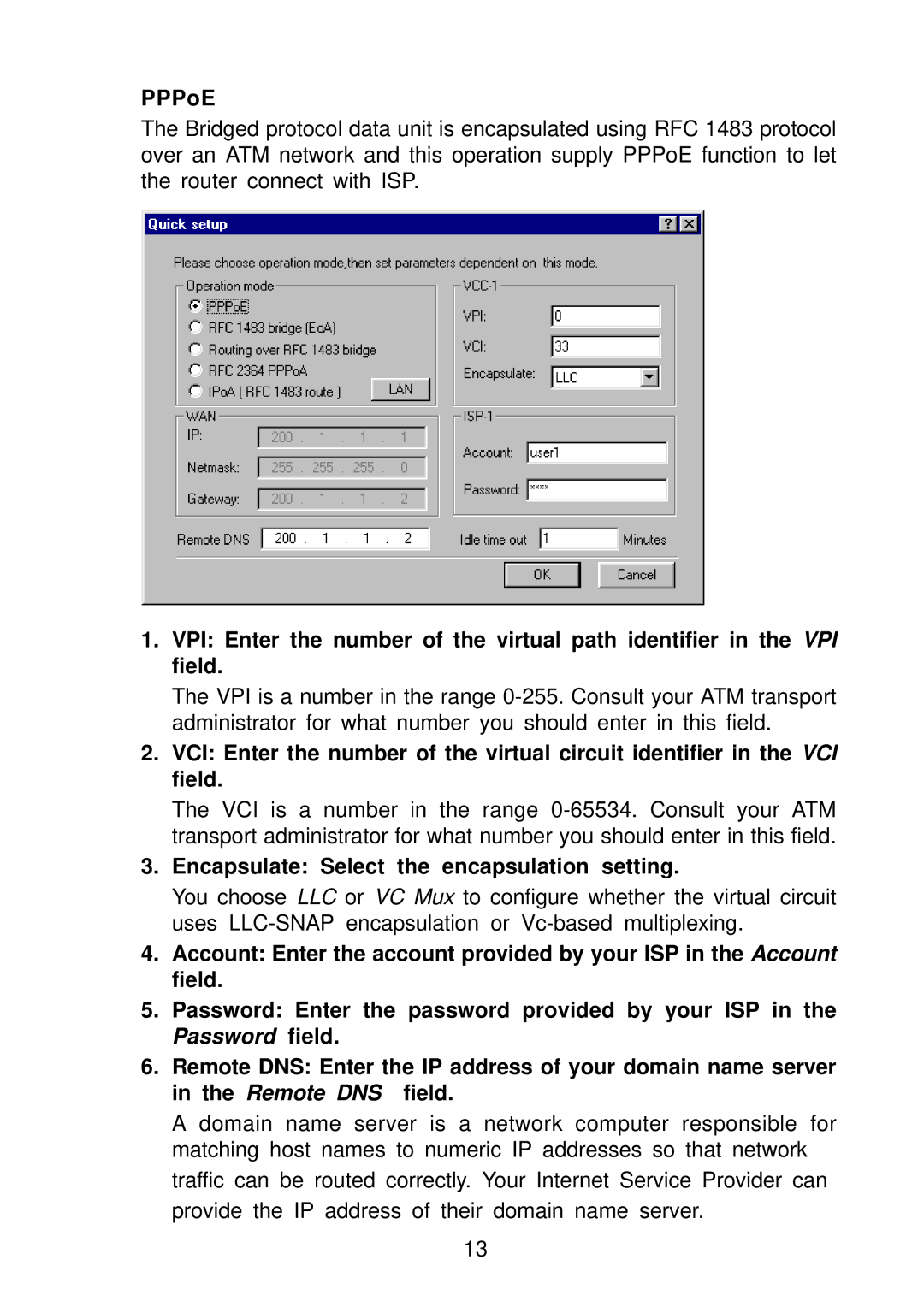 Olicom A400A manual PPPoE, Encapsulate Select the encapsulation setting 