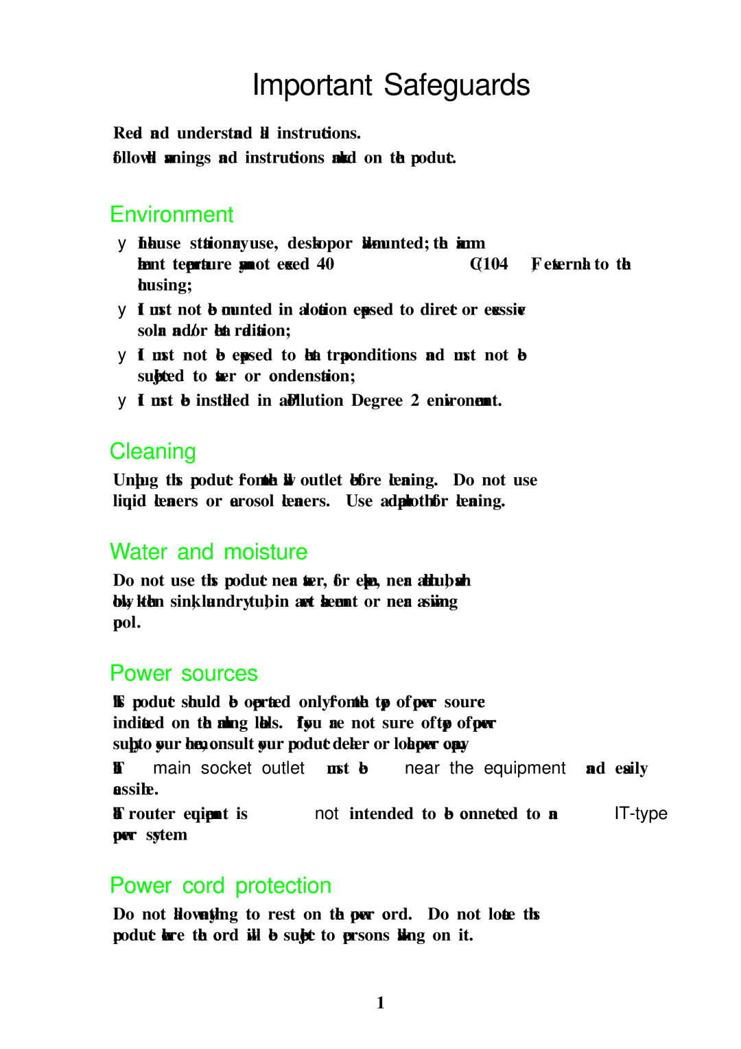 Olicom A400A manual Environment, Cleaning, Water and moisture, Power sources, Power cord protection 