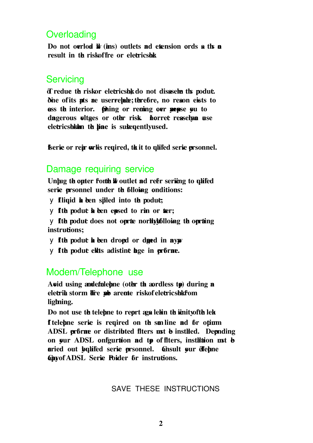 Olicom A400A manual Overloading, Servicing, Damage requiring service, Modem/Telephone use 