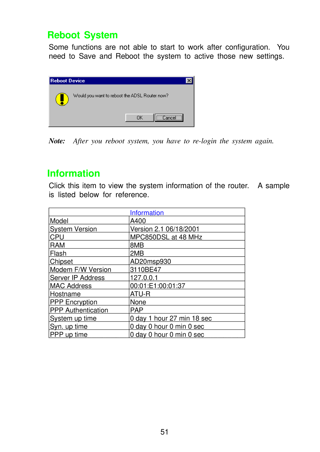 Olicom A400A manual Reboot System, Information 