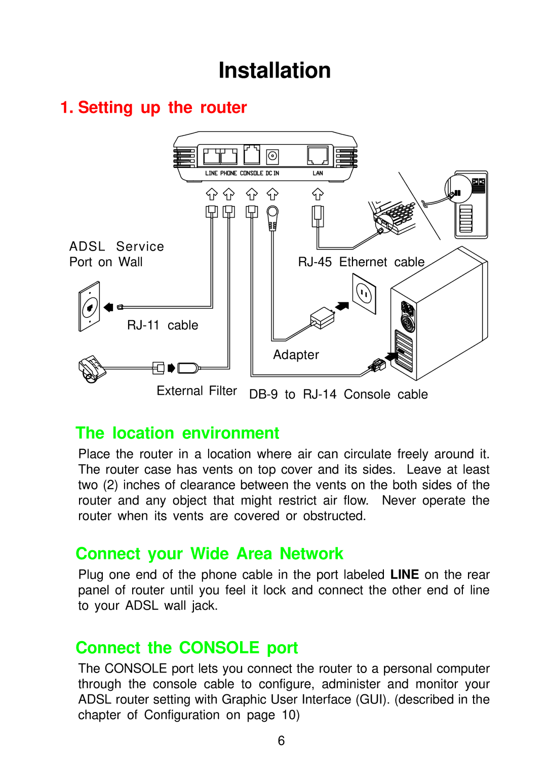 Olicom A400A manual Setting up the router, Location environment, Connect your Wide Area Network, Connect the Console port 