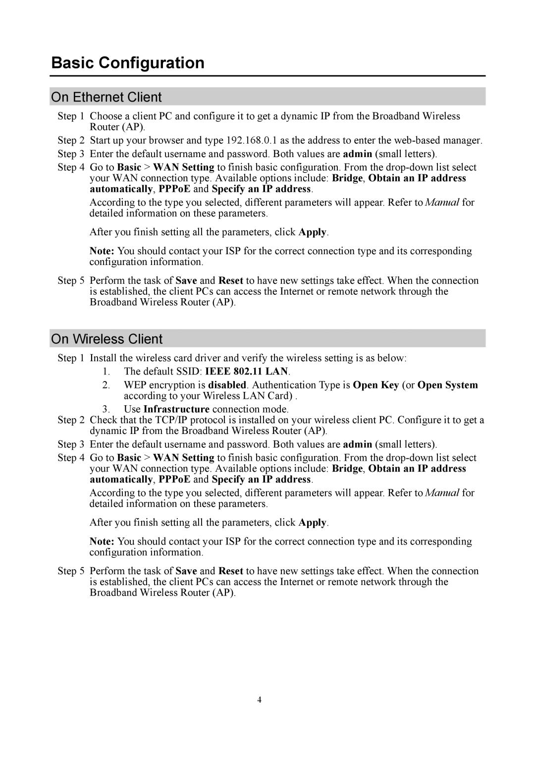 Olicom None quick start Basic Configuration, On Ethernet Client, On Wireless Client 