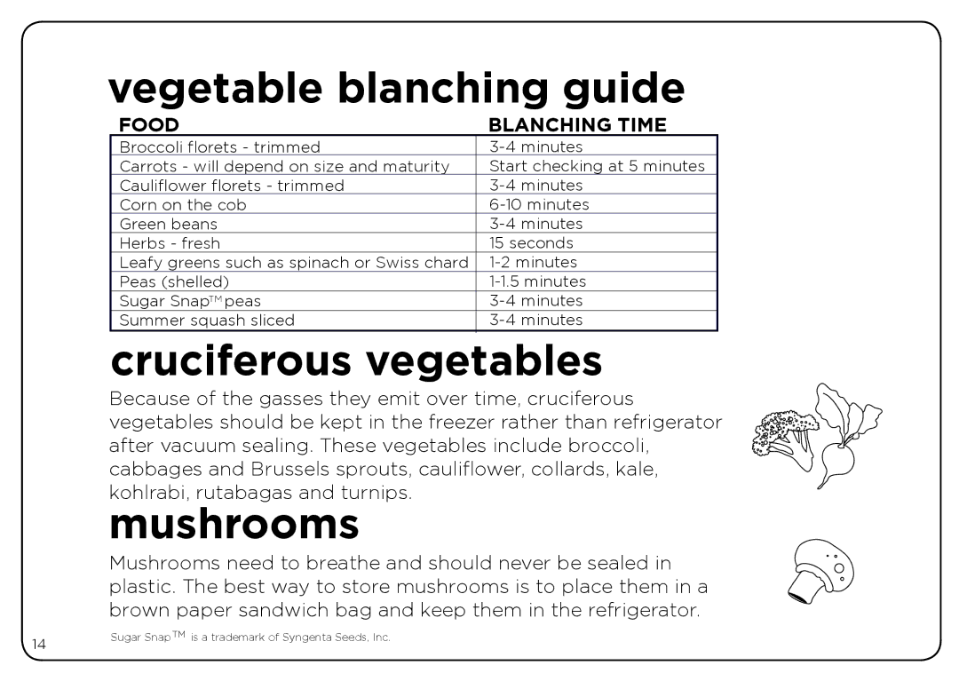 Oliso Freshkeeper 500 instruction manual Vegetable blanching guide, Cruciferous vegetables, Mushrooms 