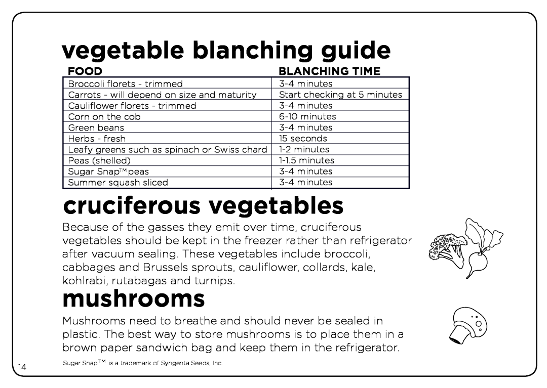 Oliso Freshkeeper 500 instruction manual vegetable blanching guide, cruciferous vegetables, mushrooms, Food, Blanching Time 