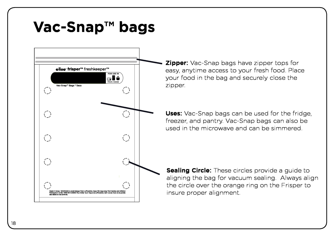 Oliso Freshkeeper 500 instruction manual Vac-Snap bags 