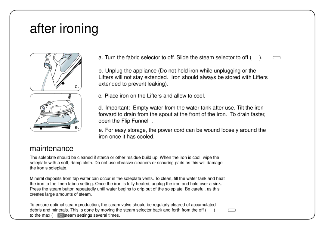 Oliso TG-1000, TG-800 user manual After ironing, Maintenance 