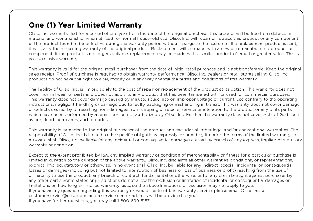 Oliso TG-1000, TG-800 user manual One 1 Year Limited Warranty 