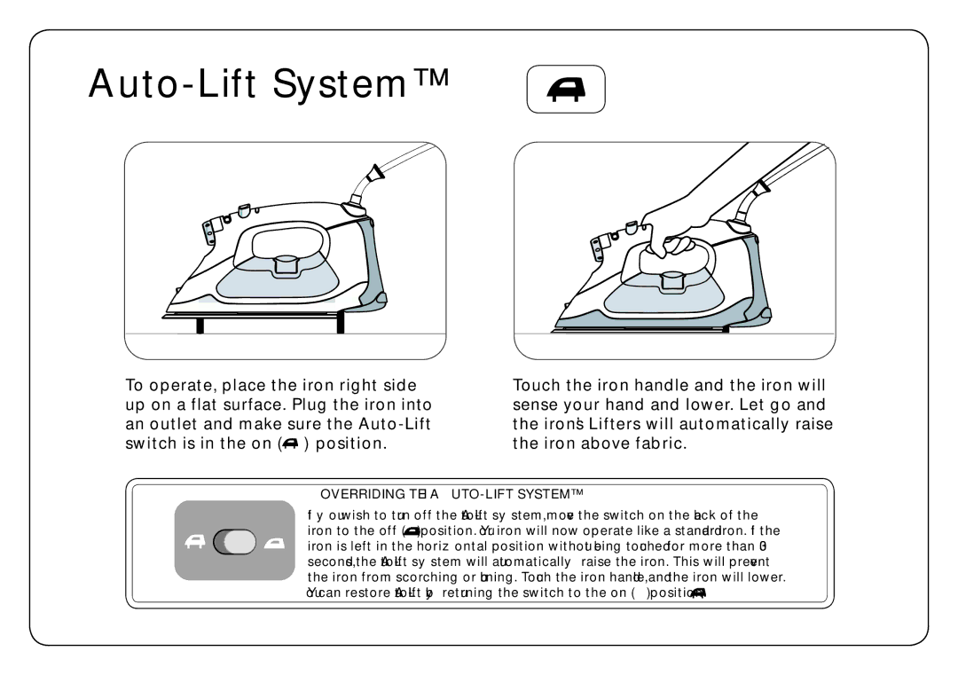 Oliso TG-800, TG-1000 user manual Auto-Lift System, Overriding the Auto-Lift system 