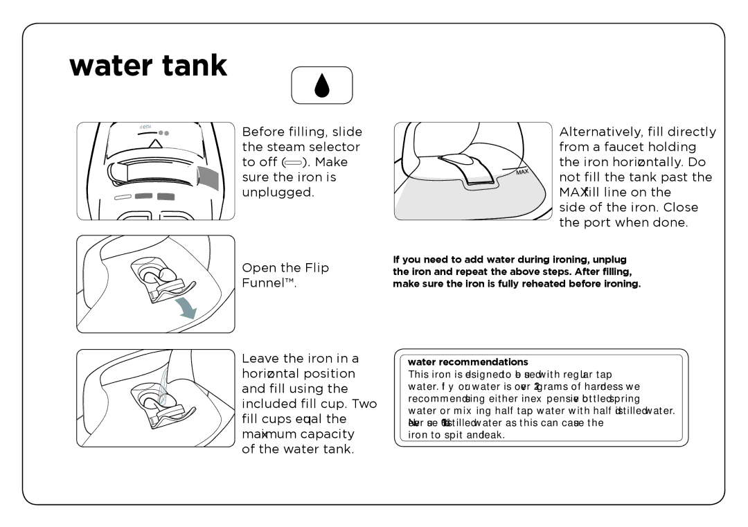 Oliso TG-1000, TG-800 user manual Water tank, Water recommendations 