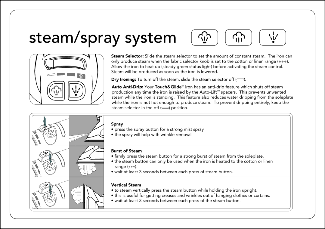 Oliso Touch & Glide manual Steam/spray system, Burst of Steam 