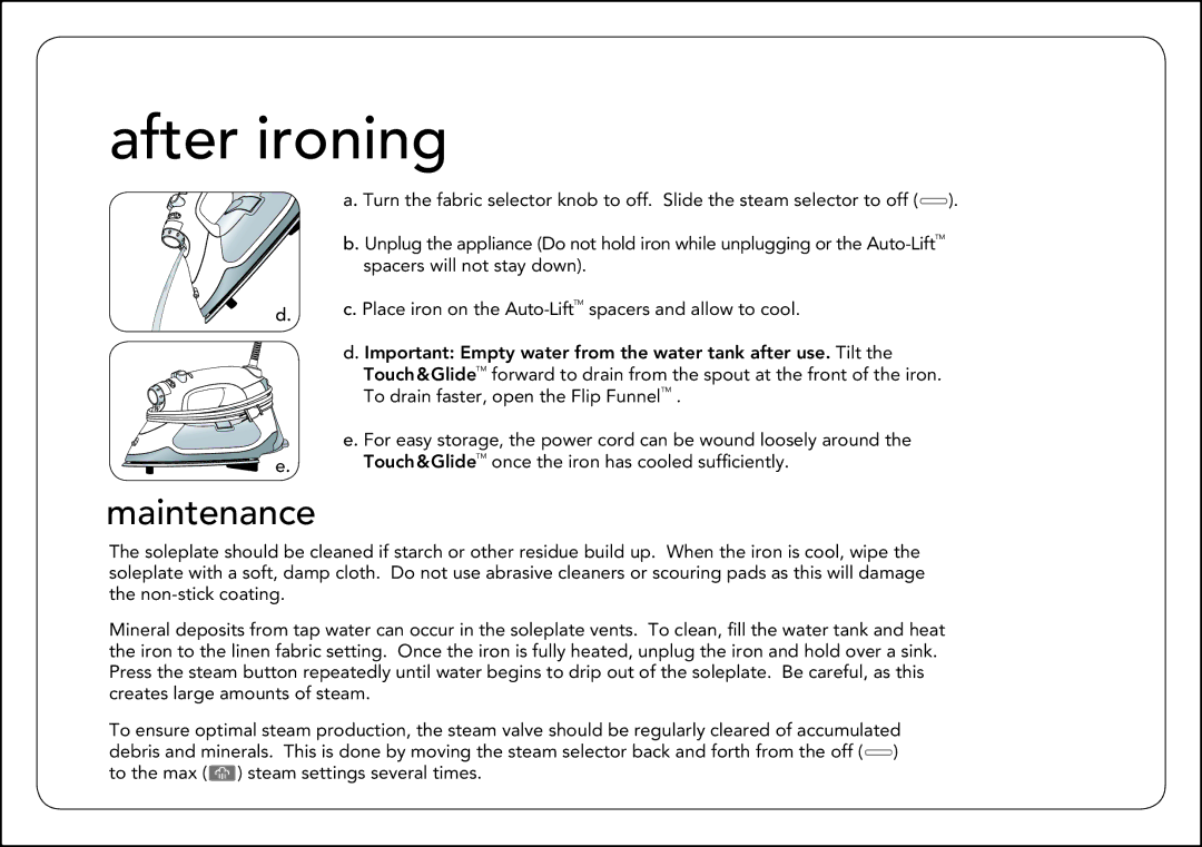 Oliso Touch & Glide manual After ironing, Maintenance 