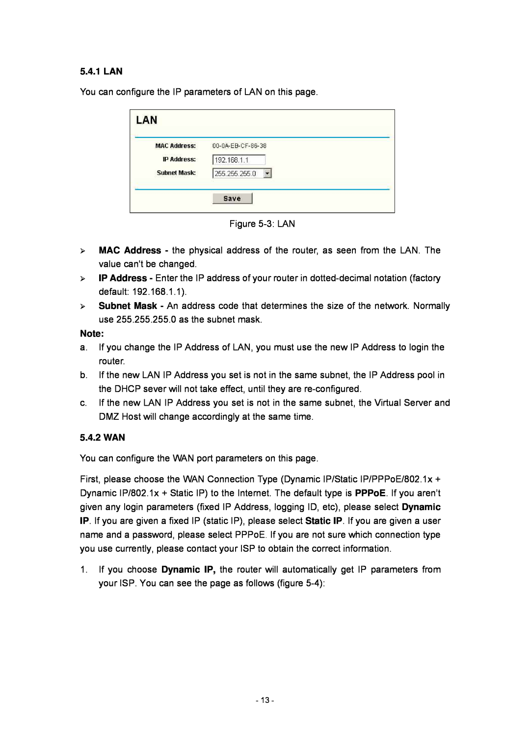 Olitec RW400SG manual 5.4.1 LAN, 5.4.2 WAN 