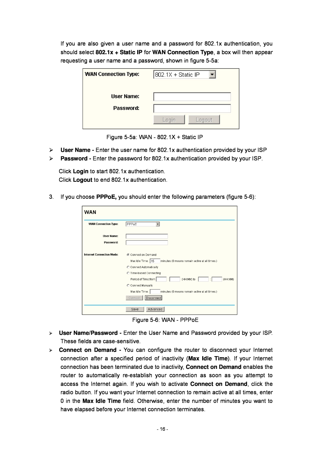 Olitec RW400SG manual 5a WAN - 802.1X + Static IP, Click Login to start 802.1x authentication, 6 WAN - PPPoE 