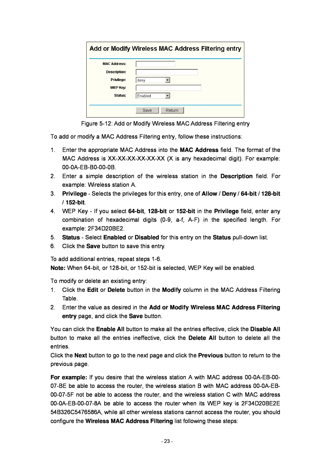 Olitec RW400SG manual 12 Add or Modify Wireless MAC Address Filtering entry 