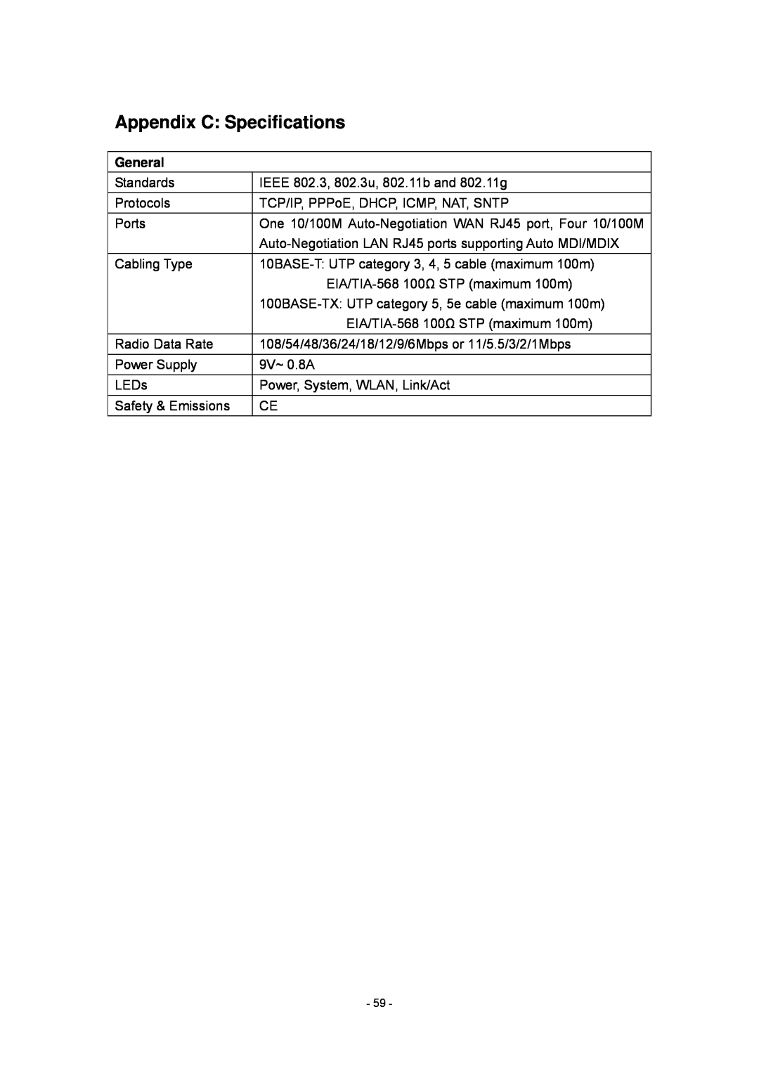 Olitec RW400SG manual Appendix C Specifications, General 