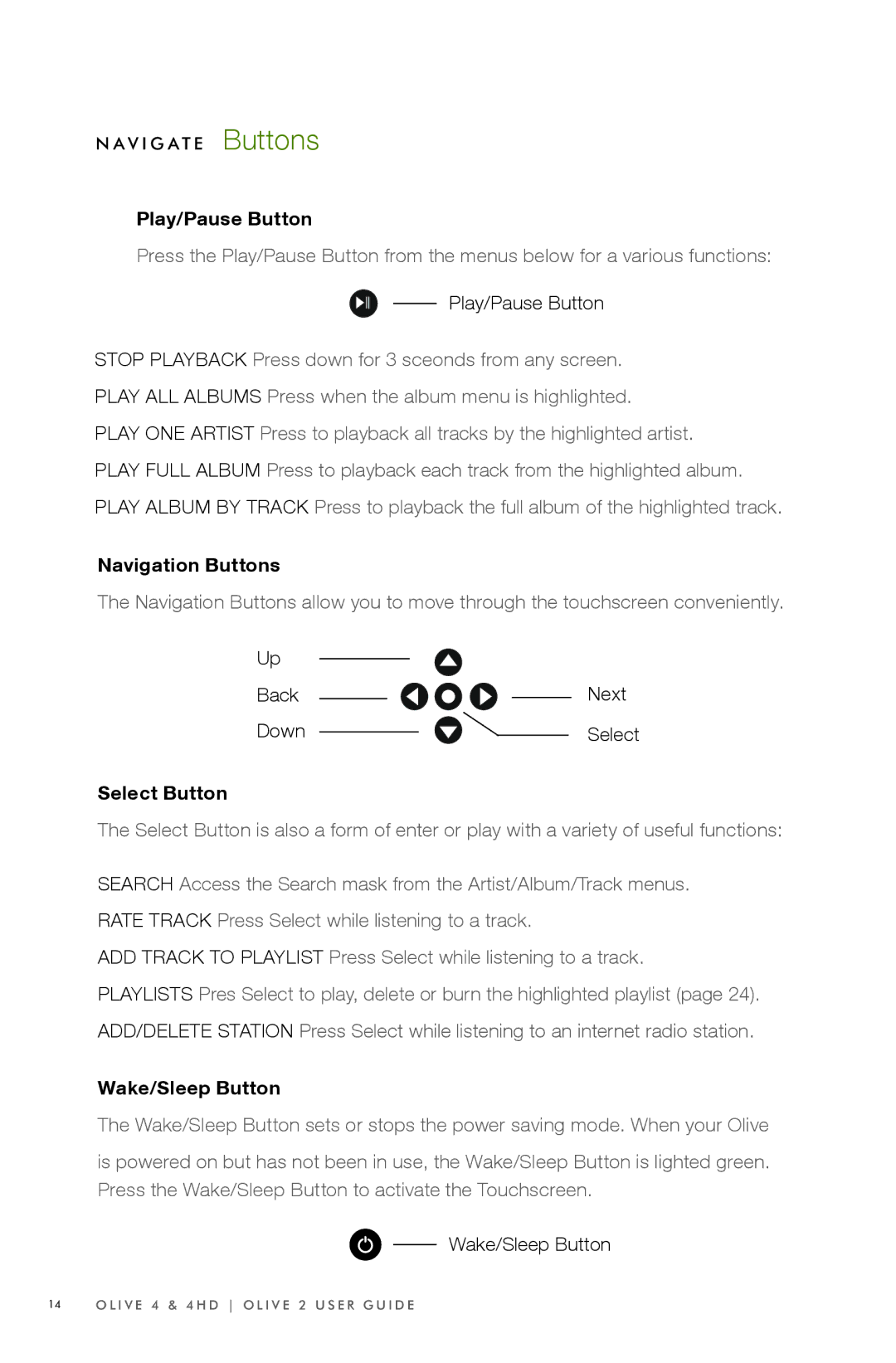 Olive Media Products 4 HD manual Play/Pause Button, Navigation Buttons, Select Button, Wake/Sleep Button 