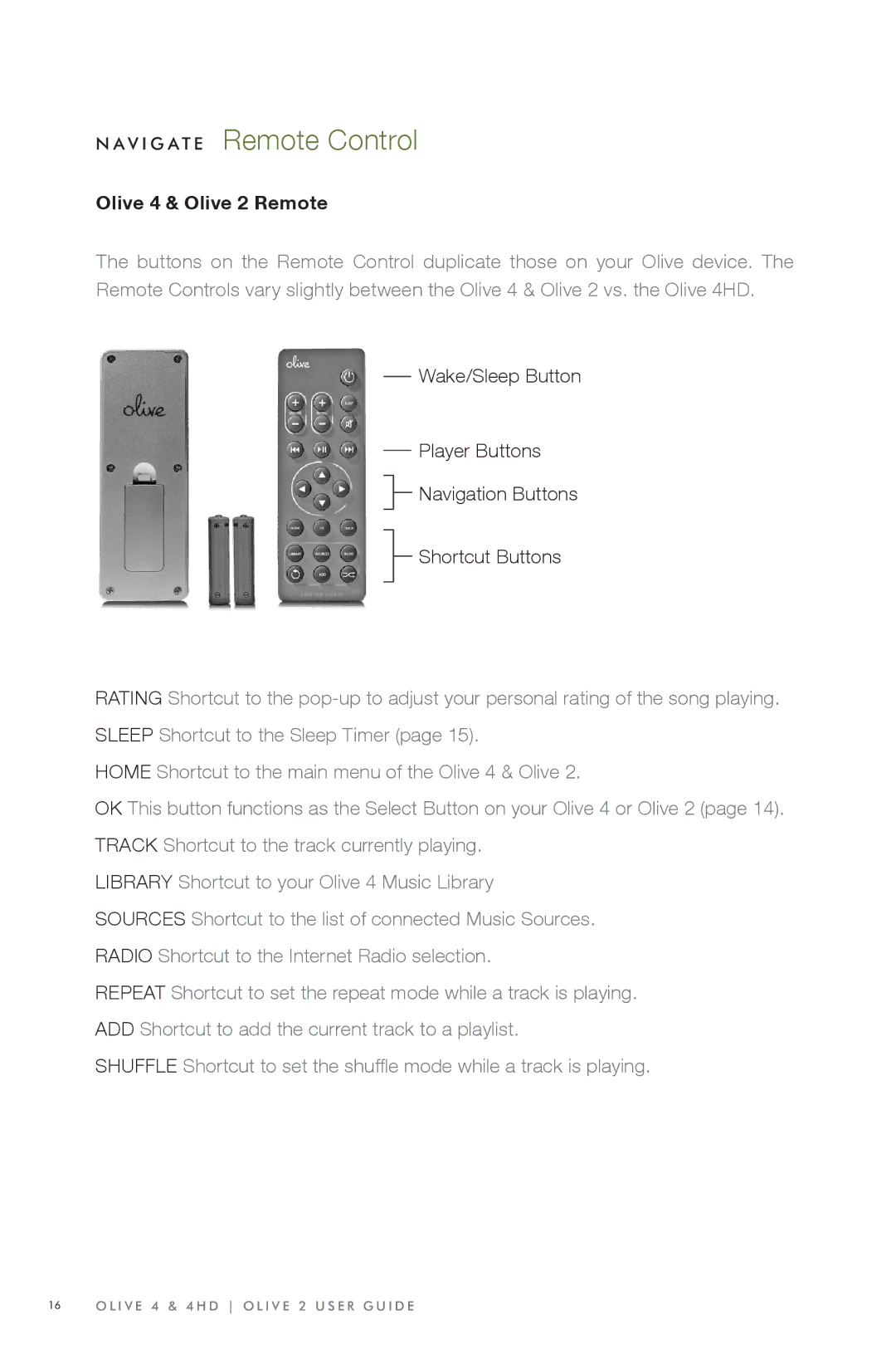 Olive Media Products 4 HD manual Olive 4 & Olive 2 Remote 