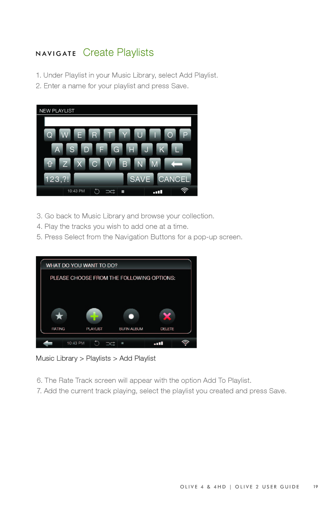 Olive Media Products 4 HD manual Save Cancel, Music Library Playlists Add Playlist 