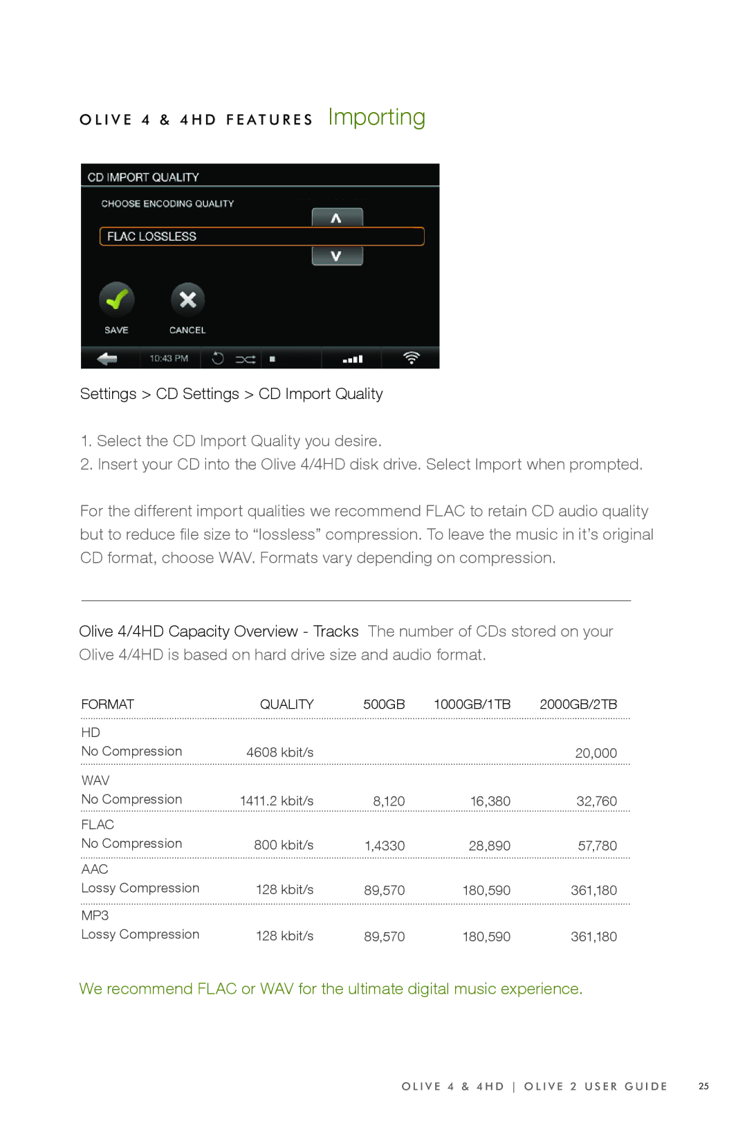 Olive Media Products 4 HD manual Settings CD Settings CD Import Quality 