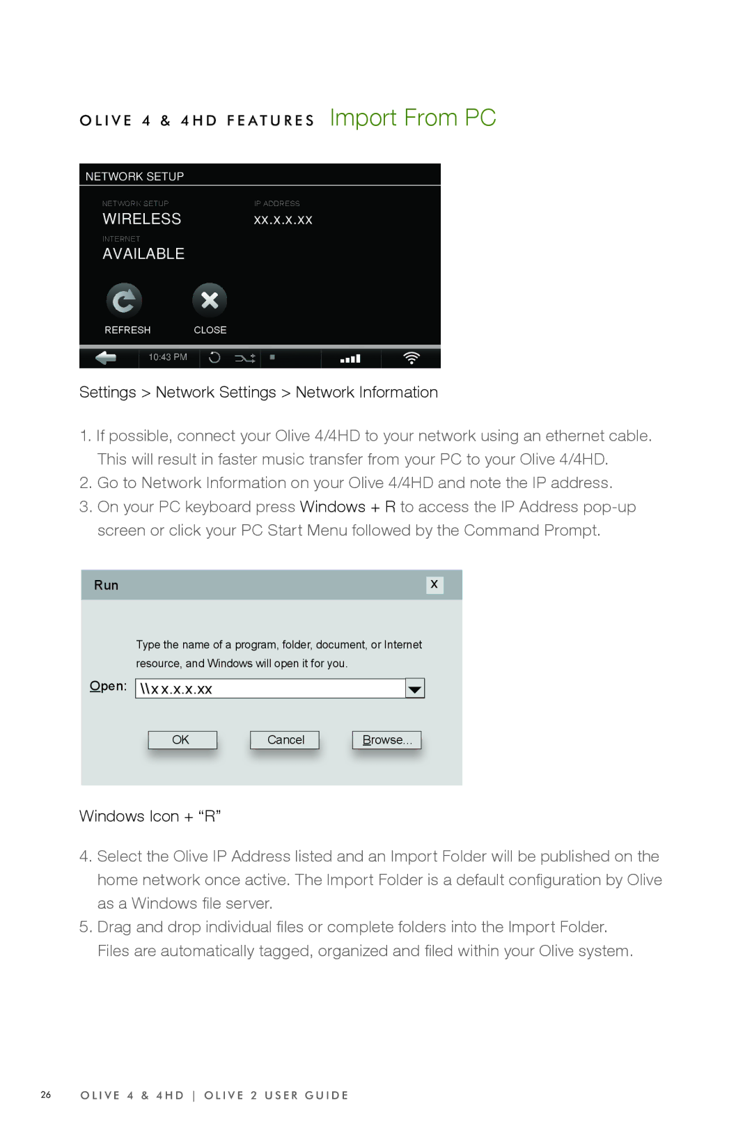 Olive Media Products 4 HD manual Settings Network Settings Network Information, Windows Icon + R 