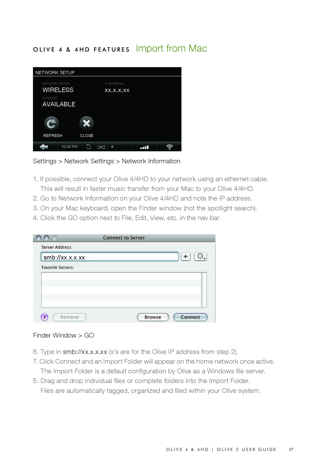 Olive Media Products 4 HD manual Settings Network Settings Network Information, Finder Window GO, smb //xx.x.x.xx 