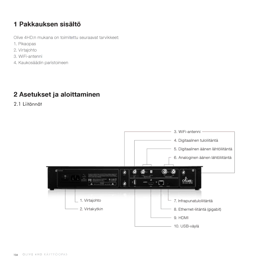 Olive Media Products 4HD quick start Pakkauksen sisältö, Asetukset ja aloittaminen, Liitännät 