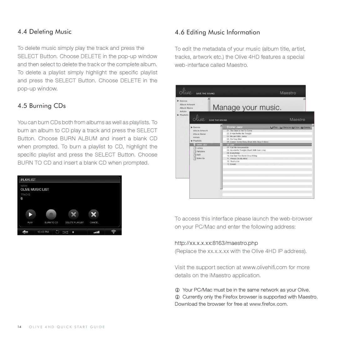 Olive Media Products 4HD quick start Deleting Music, Burning CDs, Editing Music Information 