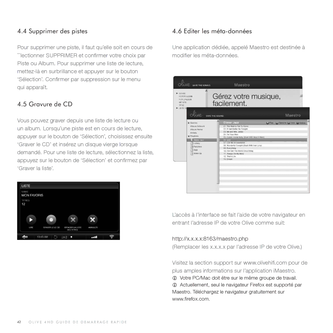 Olive Media Products 4HD quick start Supprimer des pistes, Gravure de CD, Editer les méta-données 