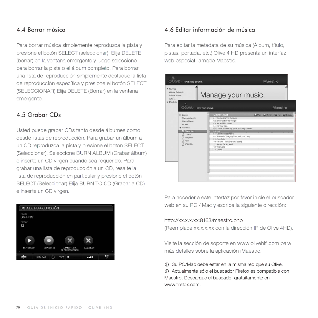 Olive Media Products 4HD quick start Borrar música, Grabar CDs, Editar información de música 