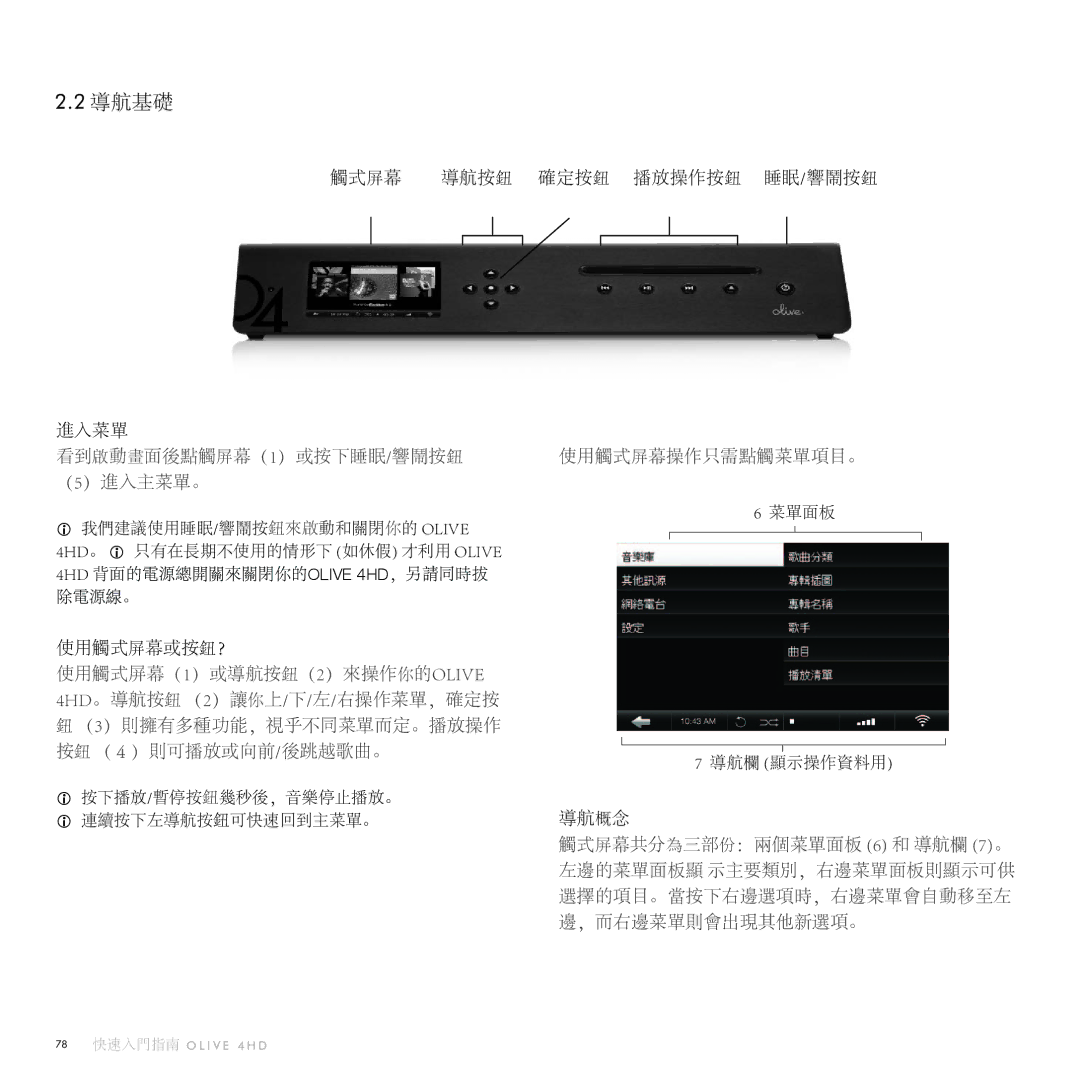 Olive Media Products 4HD quick start 導航基礎, 觸式屏幕 導航按鈕 確定按鈕 播放操作按鈕 睡眠/響鬧按鈕 進入菜單 