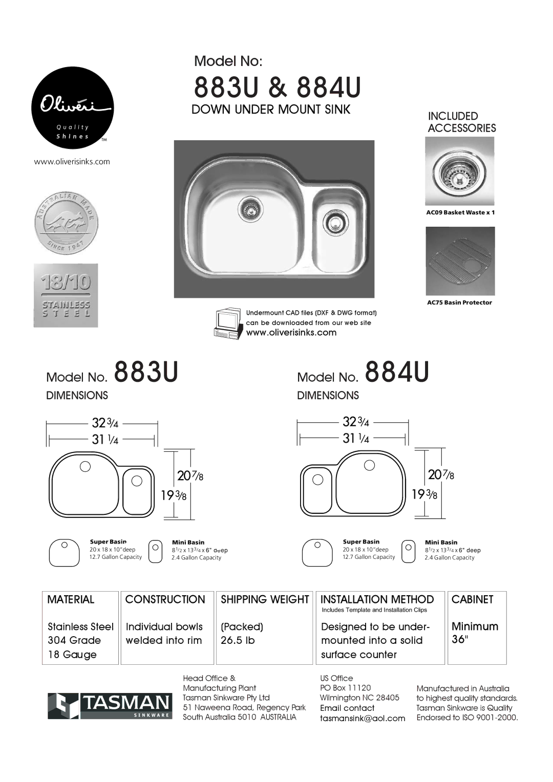 Oliveri manual 883U & 884U, Down Under Mount Sink, Model No U, Included, Dimensions 