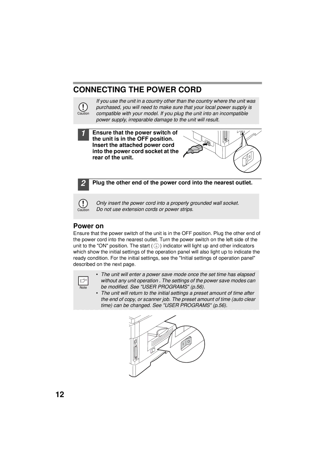 Olivetti 120D, 150D manual Connecting the Power Cord, Power on 