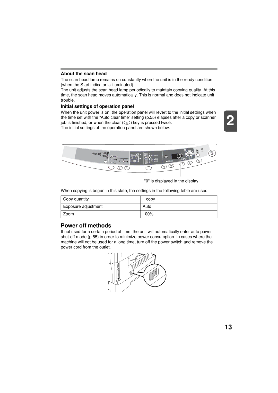 Olivetti 150D, 120D manual Power off methods, About the scan head, Initial settings of operation panel 