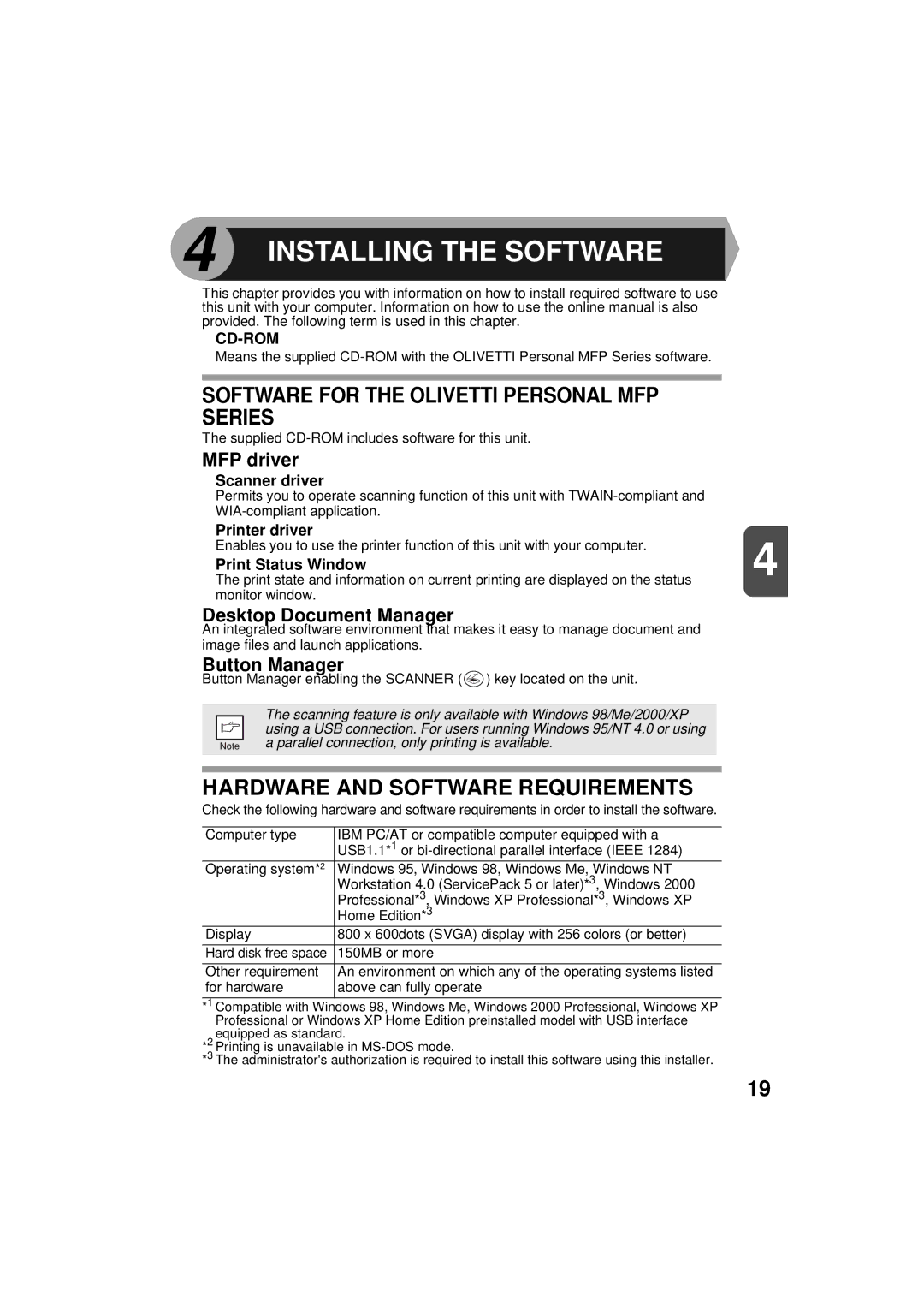 Olivetti 150D, 120D manual Software for the Olivetti Personal MFP Series, Hardware and Software Requirements, MFP driver 