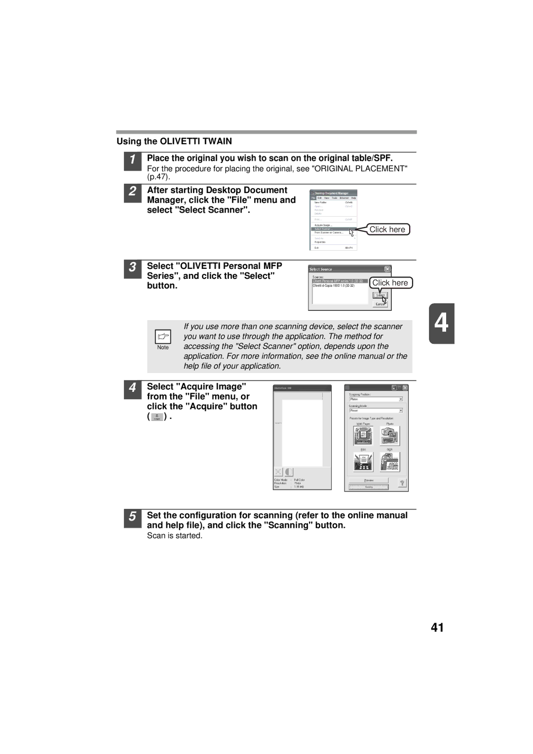 Olivetti 150D, 120D manual After starting Desktop Document, Manager, click the File menu Select Select Scanner 