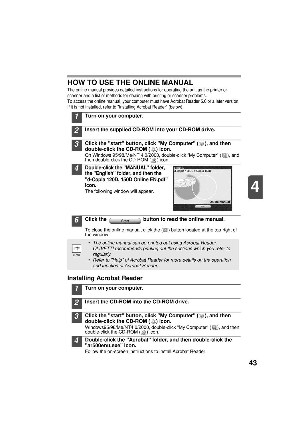 Olivetti 150D, 120D manual HOW to USE the Online Manual, Installing Acrobat Reader, Double-click the Manual folder 