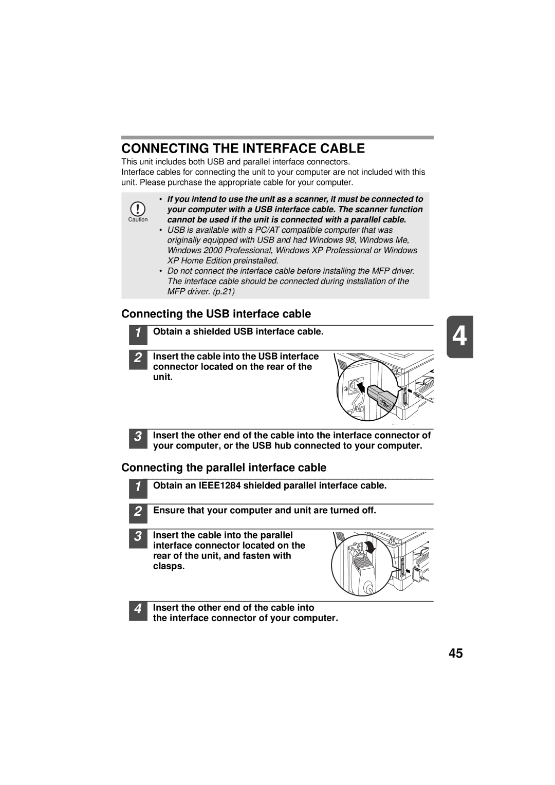 Olivetti 150D Connecting the Interface Cable, Connecting the USB interface cable, Connecting the parallel interface cable 