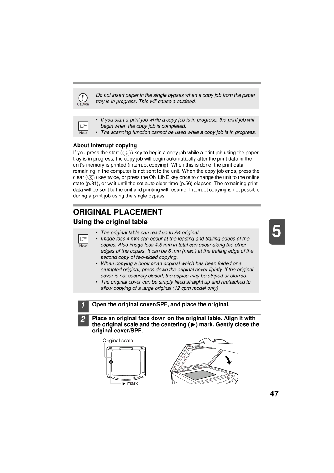 Olivetti 150D, 120D manual Original Placement, Using the original table, About interrupt copying 