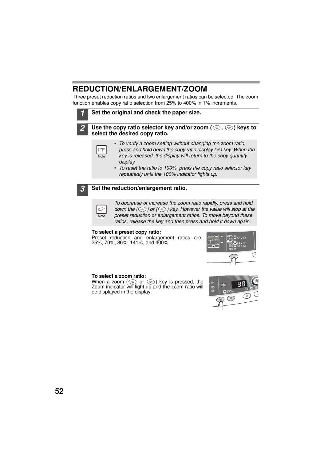 Olivetti 120D, 150D manual Reduction/Enlargement/Zoom, Set the reduction/enlargement ratio, To select a preset copy ratio 