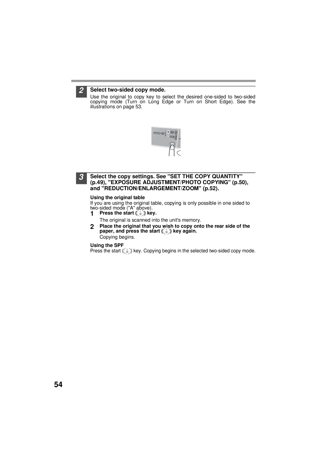 Olivetti 120D, 150D manual Select two-sided copy mode, Using the original table, Press the start key, Using the SPF 