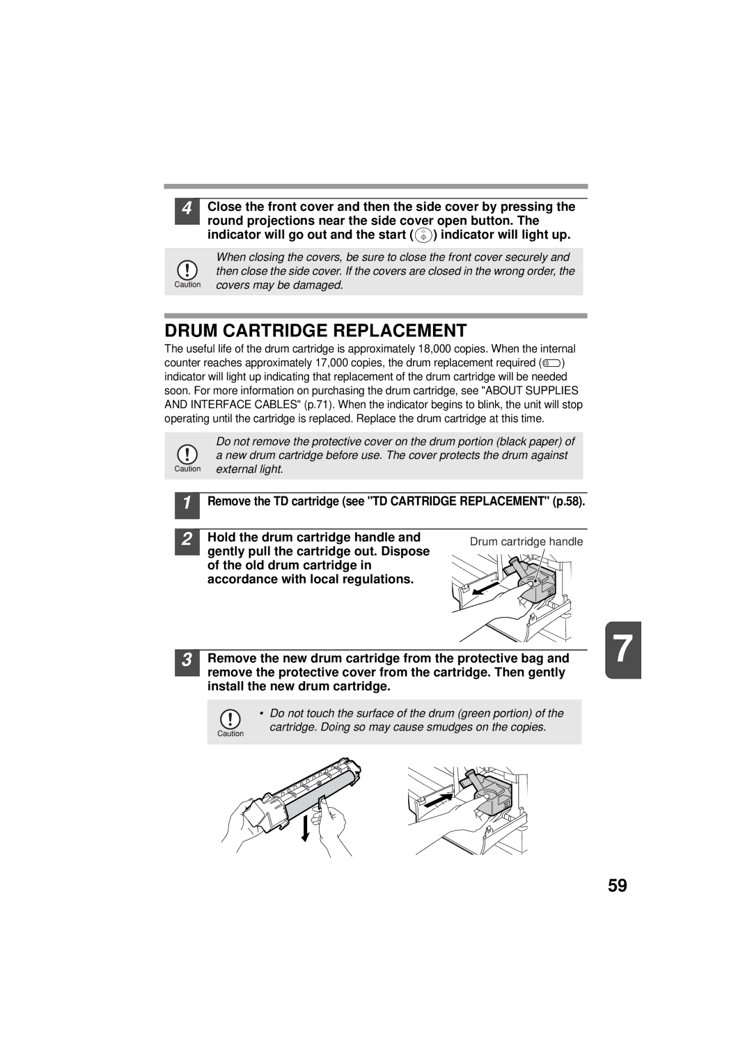 Olivetti 150D, 120D manual Drum Cartridge Replacement, Gently pull the cartridge out. Dispose 