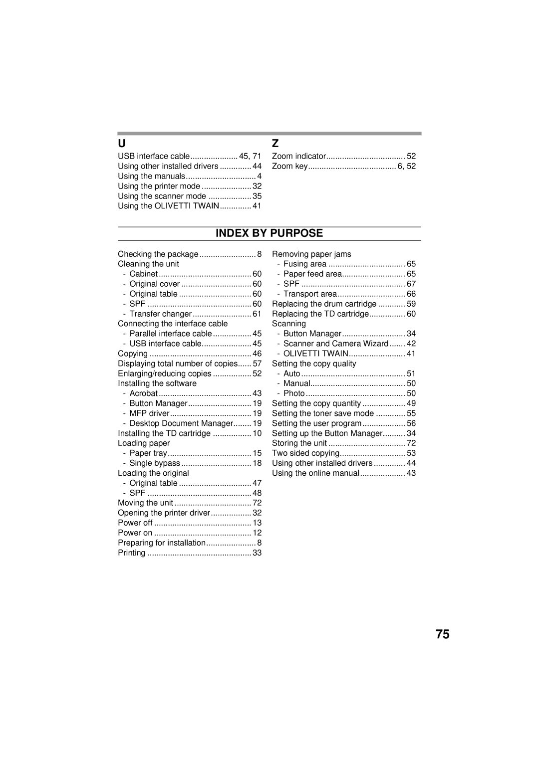 Olivetti 150D, 120D manual Index by Purpose 