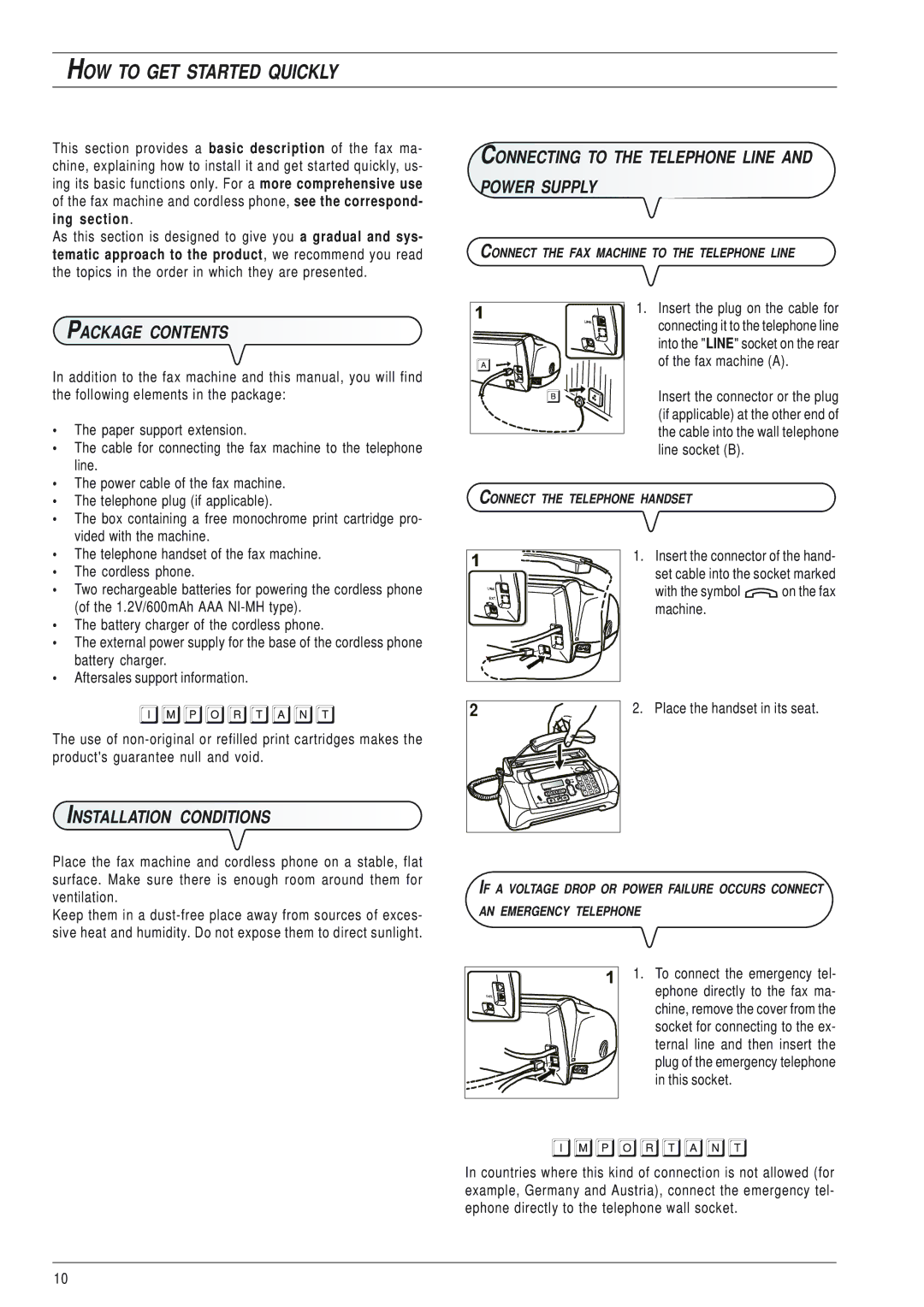 Olivetti 145D manual Connecting to the Telephone Line Power Supply, Package Contents, Installation Conditions 