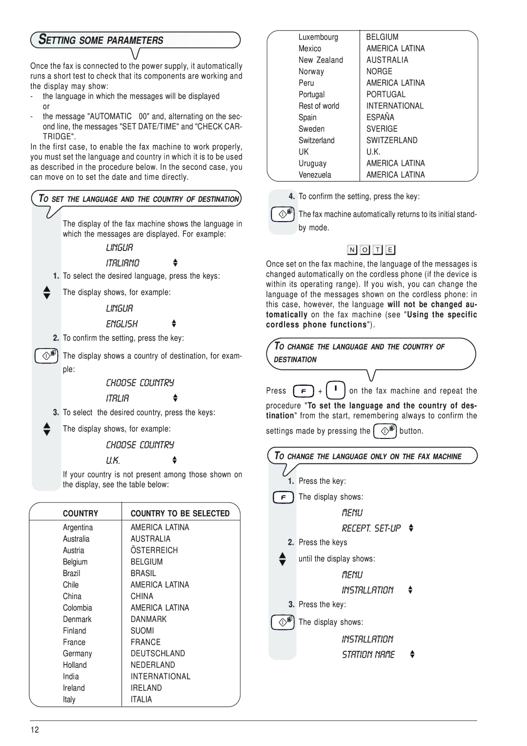 Olivetti 145D manual Lingua Italiano, Lingua English, Choose Country Italia, Menu RECEPT. SET-UP, Menu Installation 