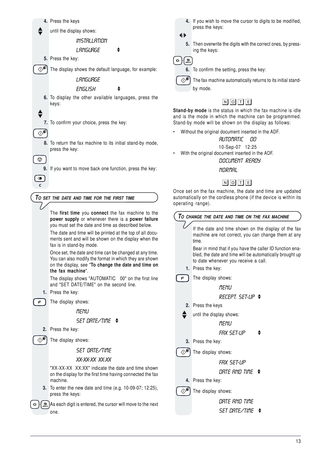 Olivetti 145D manual Installation Language, Language English, Menu SET DATE/TIME, Set Date/Time Xx-Xx-Xx, Automatic 