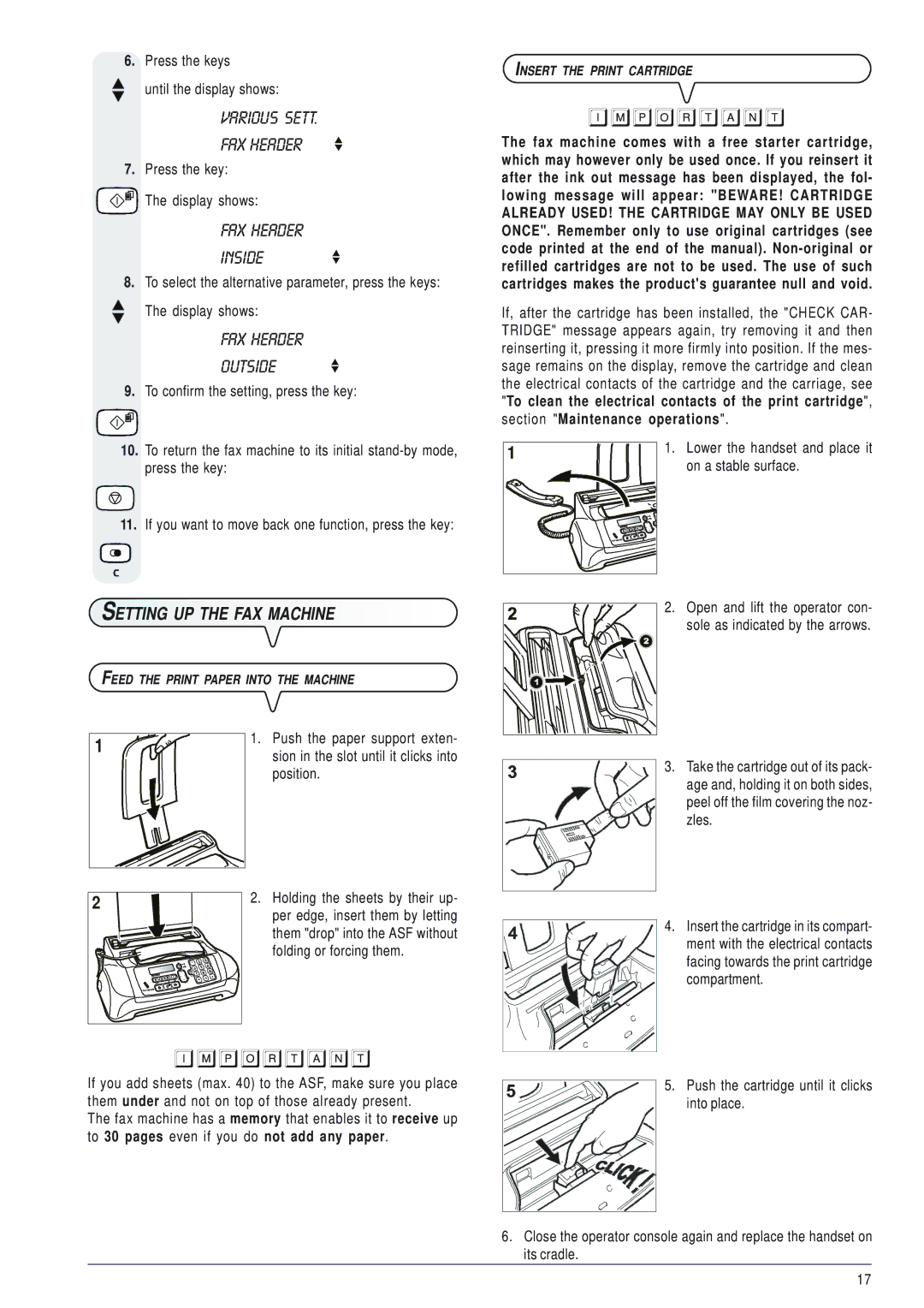 Olivetti 145D manual Various Sett FAX Header, FAX Header Inside, FAX Header Outside, Setting UP the FAX Machine 