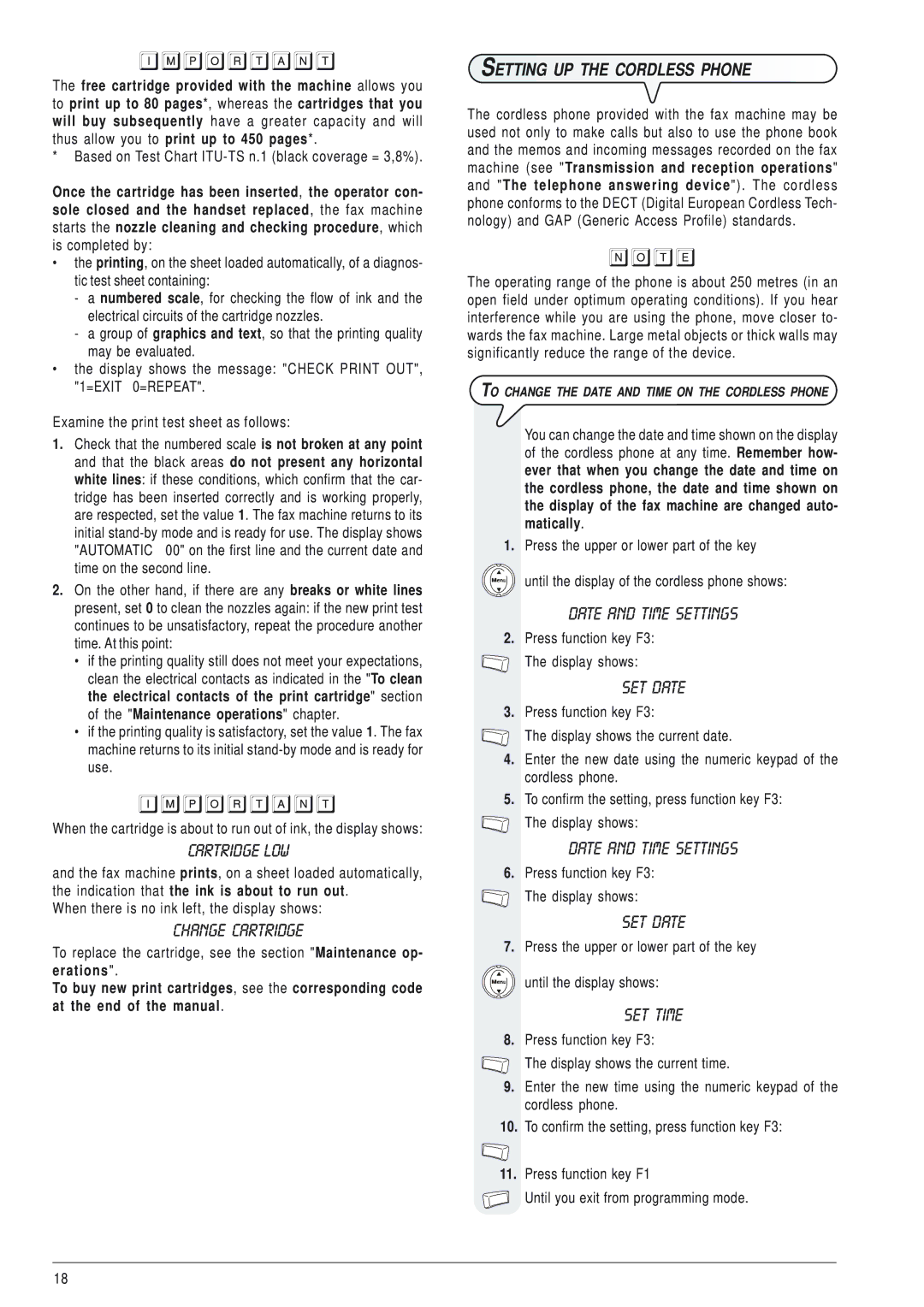 Olivetti 145D manual Cartridge LOW, Change Cartridge, Date and Time Settings, SET Date, SET Time 