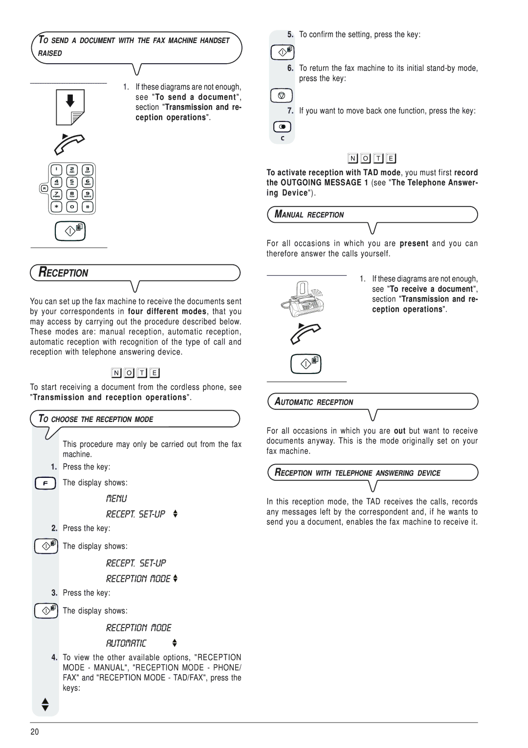 Olivetti 145D manual RECEPT. SET-UP Reception Mode, Reception Mode Automatic, Transmission and reception operations 