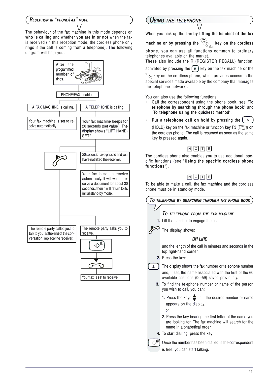 Olivetti 145D manual On Line, Using the Telephone, Put a telephone call on hold by pressing, Reception in PHONE/FAX Mode 