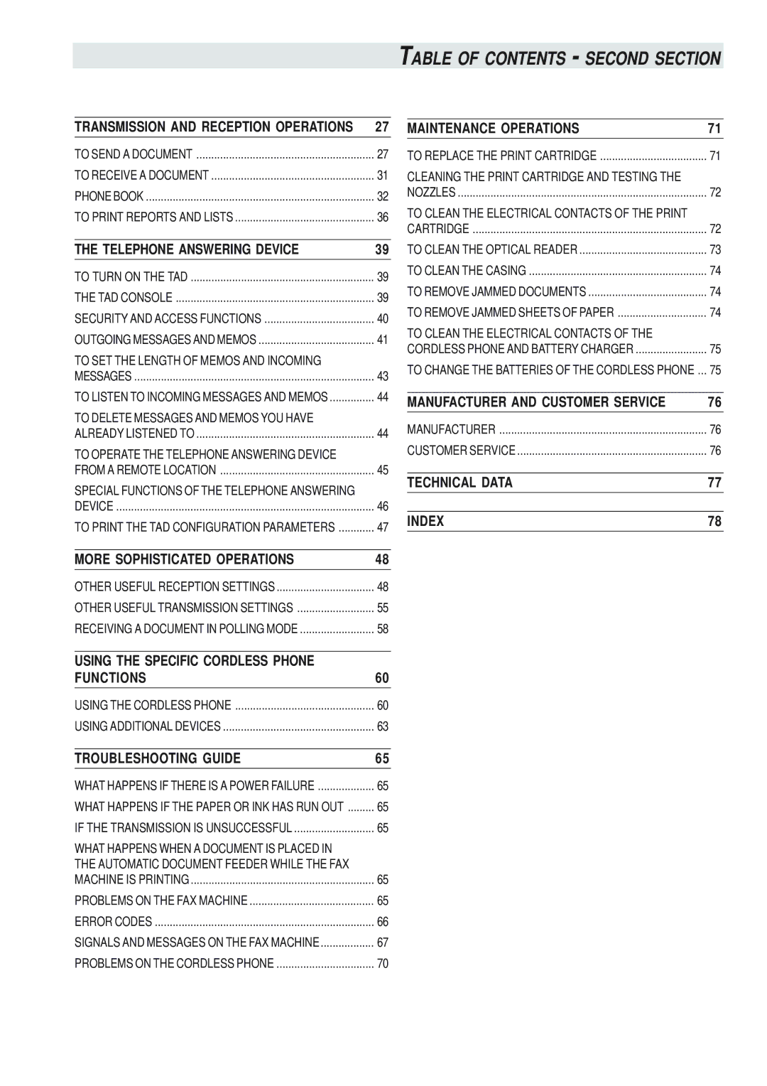 Olivetti 145D manual Table of Contents Second Section 